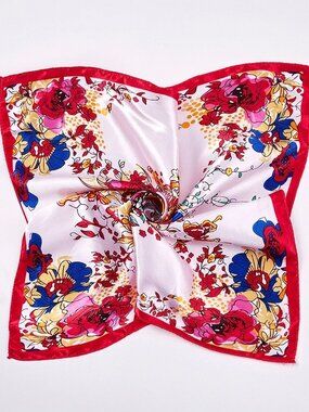 2/$30 Vintage Floral Silk Feel Square Scarf | Red & Blue Peony Print 50x50cm NWT